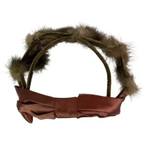 VINTAGE Union Made Fur‎ Circlet Hat Satin Bow Brown Piece Mid Century MCM